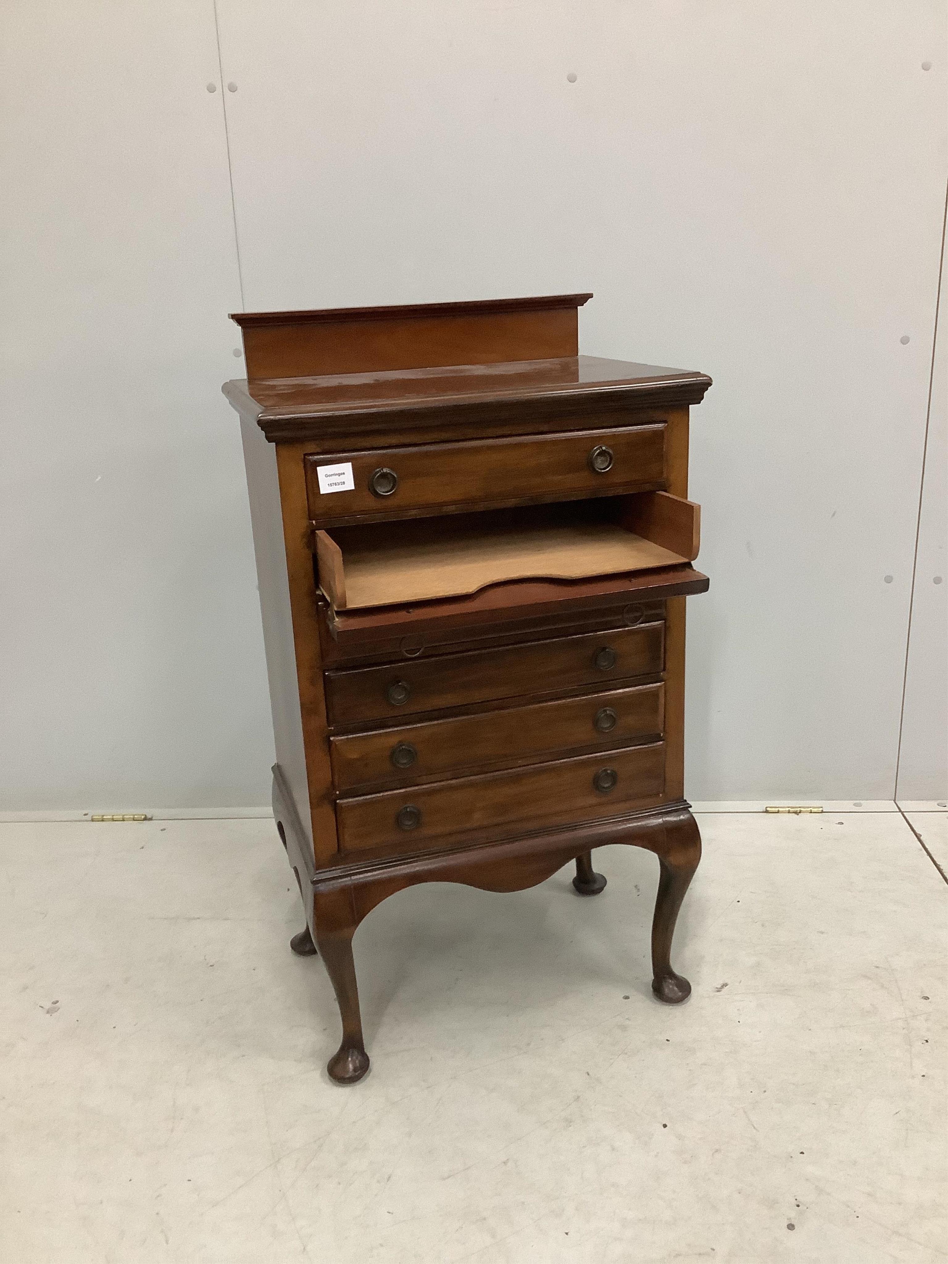 An early 20th century mahogany sheet music cabinet, fitted six drop front drawers, width 56cm, depth 39cm, height 100cm. Condition - fair